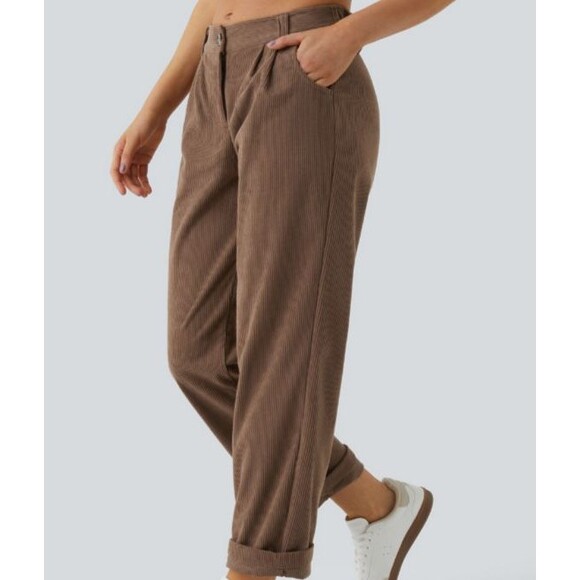 Halara Acorn Brown Corduroy Pleated Zip Up Pants With Pockets Size XS - Picture 2 of 9